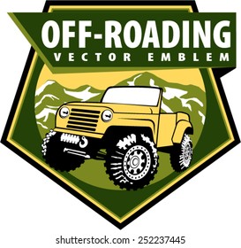 Vector emblem with 4x4 vehicle off-road car and mountains