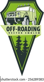 Vector emblem with 4x4 vehicle off-road car and mountains