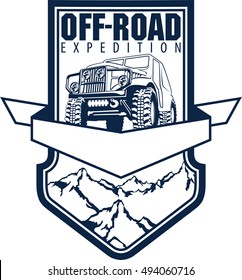 Vector emblem with 4x4 vehicle off-road car and mountains