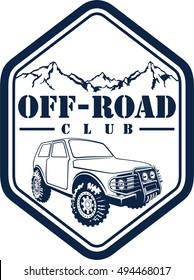 Vector emblem with 4x4 vehicle off-road car and mountains