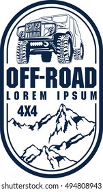 Vector emblem with 4x4 vehicle off-road car and mountains
