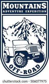 Vector emblem with 4x4 vehicle off-road car and mountains