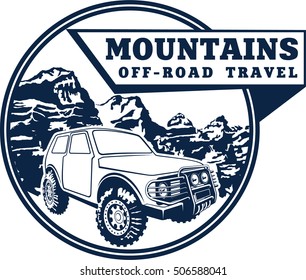 Vector emblem with 4x4 vehicle off-road car and mountains