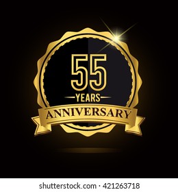 vector emblem 55th anniversary logo with ribbon golden colored and shiny badge
