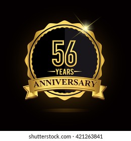 vector emblem 56th anniversary logo with ribbon golden colored and shiny badge