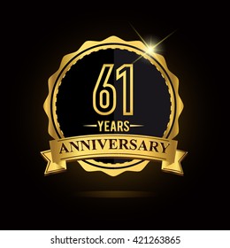 vector emblem 61st anniversary logo with ribbon golden colored and shiny badge