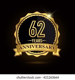 vector emblem 62nd anniversary logo with ribbon golden colored and shiny badge