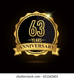 vector emblem 63rd anniversary logo with ribbon golden colored and shiny badge