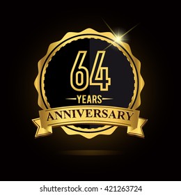 vector emblem 64th anniversary logo with ribbon golden colored and shiny badge