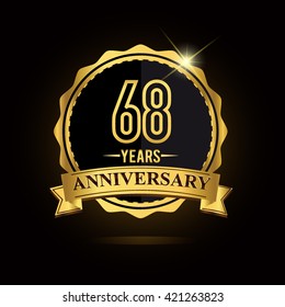 vector emblem 68th anniversary logo with ribbon golden colored and shiny badge