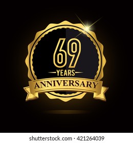 vector emblem 69th anniversary logo with ribbon golden colored and shiny badge