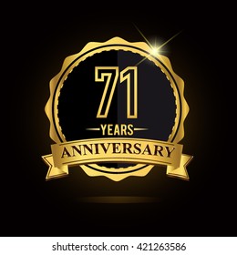 vector emblem 71st anniversary logo with ribbon golden colored and shiny badge