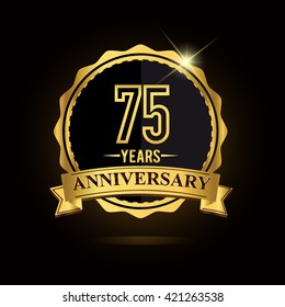 vector emblem 75th anniversary logo with ribbon golden colored and shiny badge