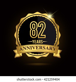 vector emblem 82nd anniversary logo with ribbon golden colored and shiny badge