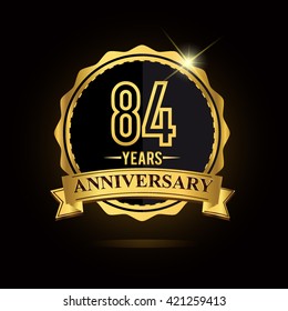 vector emblem 84th anniversary logo with ribbon golden colored and shiny badge