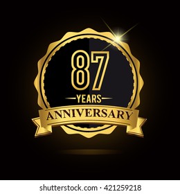vector emblem 87th anniversary logo with ribbon golden colored and shiny badge