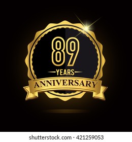 vector emblem 89th anniversary logo with ribbon golden colored and shiny badge
