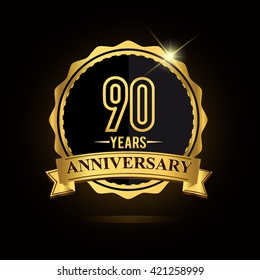 vector emblem 90th anniversary logo with ribbon golden colored and shiny badge