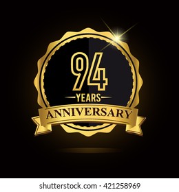 vector emblem 94th anniversary logo with ribbon golden colored and shiny badge