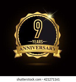 vector emblem 9th anniversary logo with ribbon golden colored and shiny badge