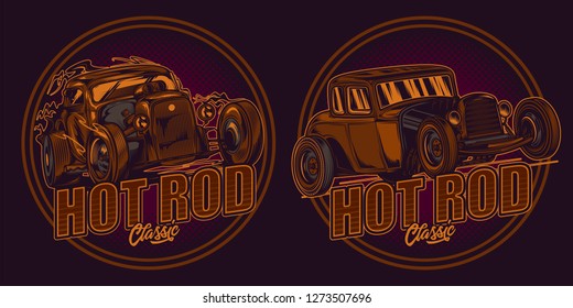 Vector emblem with American classic hot rods in retro style.
