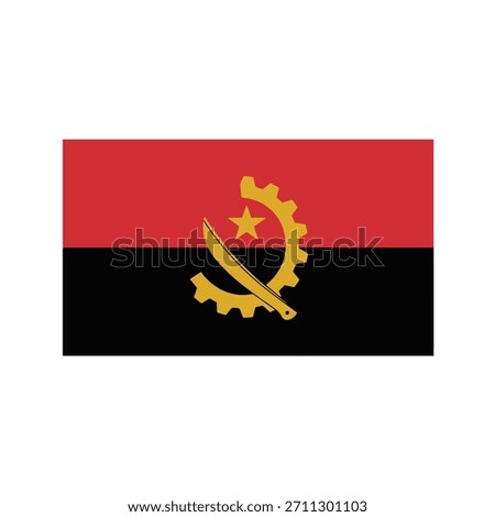 Vector emblem of the Angola flag inside a gear symbol, featuring a red and black background with the yellow star, machete, and cog