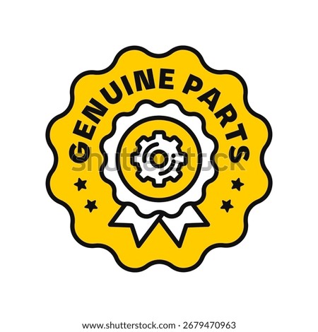 Vector emblem badge with gear icon and ribbon, symbol of genuine parts. Perfect for logo, sign, symbol,stamp, label, badge, sticker, auto spare parts, machinery, warranty, and quality guarantee design
