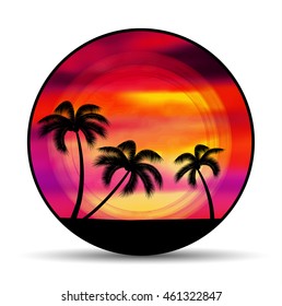 Vector emblem, badge summer vacation with sunset and palm trees