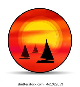 Vector emblem, badge summer vacation with sunset and ship