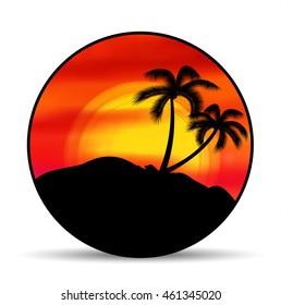 Vector emblem, badge summer vacation with sunset and palm trees