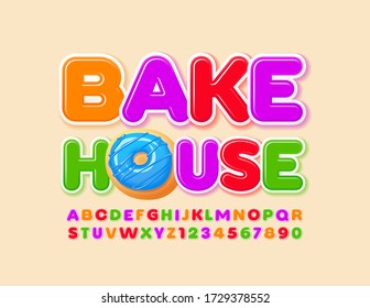 Vector emblem Bake House with decorative Donut. Bright modern Font. ColorFul Alphabet Letters and Numbers