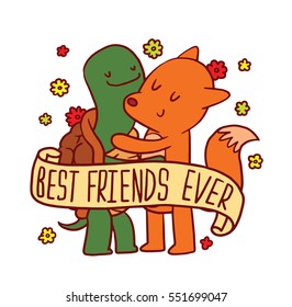 Vector emblem with banner, colorful flowers and with cartoon image of cute animals: a green-brown turtle and a red fox standing and hugging on a white background. Inscription "Best friends ever".