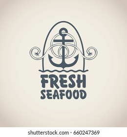 Vector emblem or banner for fresh seafood with an anchor, rope and words on the beige background in retro style.