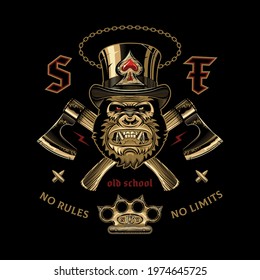 Vector emblem or banner with a gorilla in a top hat, two axes, brass knuckles and an inscription No rules, no limits. Suitable for clothing, t-shirt design. 