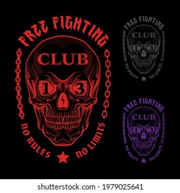 Vektorsymbol oder Banner mit Schädel, Ketten und Inschriften. Freier Kampfclub 13. Keine Regeln, keine Grenzen. Geeignet für Kleidung, T-Shirt Design. 