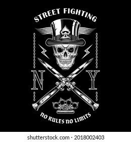 Vector emblem or banner with skull in a top hat, two knives, brass knuckles and an inscription No rules, no limits. Suitable for clothing, t-shirt design. 