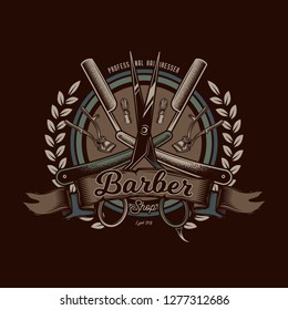 Vector emblem of the Barber shop with the image of scissors, razors and clippers.