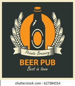 vector emblem for beer pub with bottle, wheat ears and ribbon in retro style