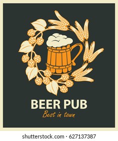 vector emblem for beer pub with full wooden beer mug and wreath of hop and wheat