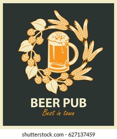 vector emblem for beer pub with full beer glass and wreath of hop and wheat