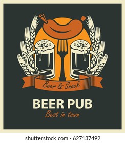 vector emblem for beer pub with two full glasses of beer, wheat ears, ribbon and sausage on fork