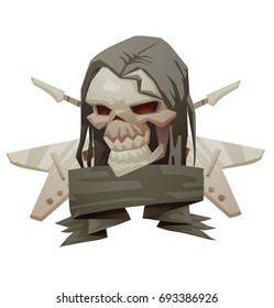 Vector emblem with black banner with white guitars and with cartoon image of a gray human skull with long black hair turned to the left on a white background. Pirates, death, Halloween. 