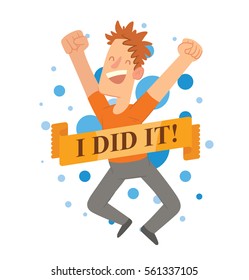 Vector emblem with blue balls, yellow banner and with cartoon image of a happy young man with curly brown hair  jumping and smiling on a white background. Happy people. Inscription "I did it".