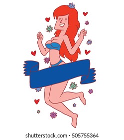 Vector emblem with blue banner, colorful flowers and with cartoon image of a beautiful girl with long red hair in a blue bikini jumping and smiling on a white background. Beauty, fashion. 