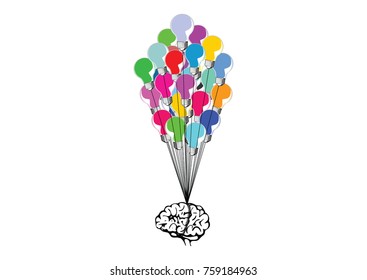 Vector emblem with brain and colorful light bulbs. Abstract flat linear illustration. Design concept for start up, business solutions,development and innovation, creativity, icon