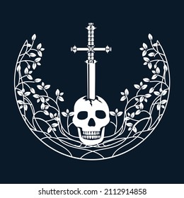 Vector emblem with broken skull and floral interlacing of lines and leaves. Medieval sword and skull in the bush. Vintage and floral backgrounds.