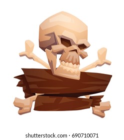 Vector emblem with brown banner and with cartoon image of a beige human skull turned to the right and crossed bones on a white background. Pirates, death, Halloween. Vector illustration.