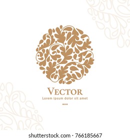 Vector emblem. Can be used for organic products, jewelry, beauty and fashion industry. Great for logo, invitation, flyer, menu, brochure, business card, banner, background, or any desired idea.