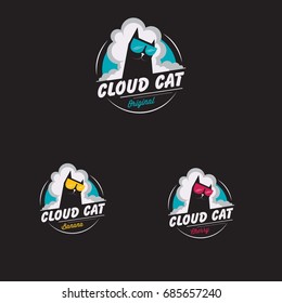 Vector emblem with a cartoon cat in clouds. 