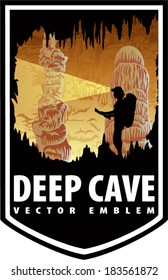 vector emblem with caver in cave with stalactites and stalagmites 